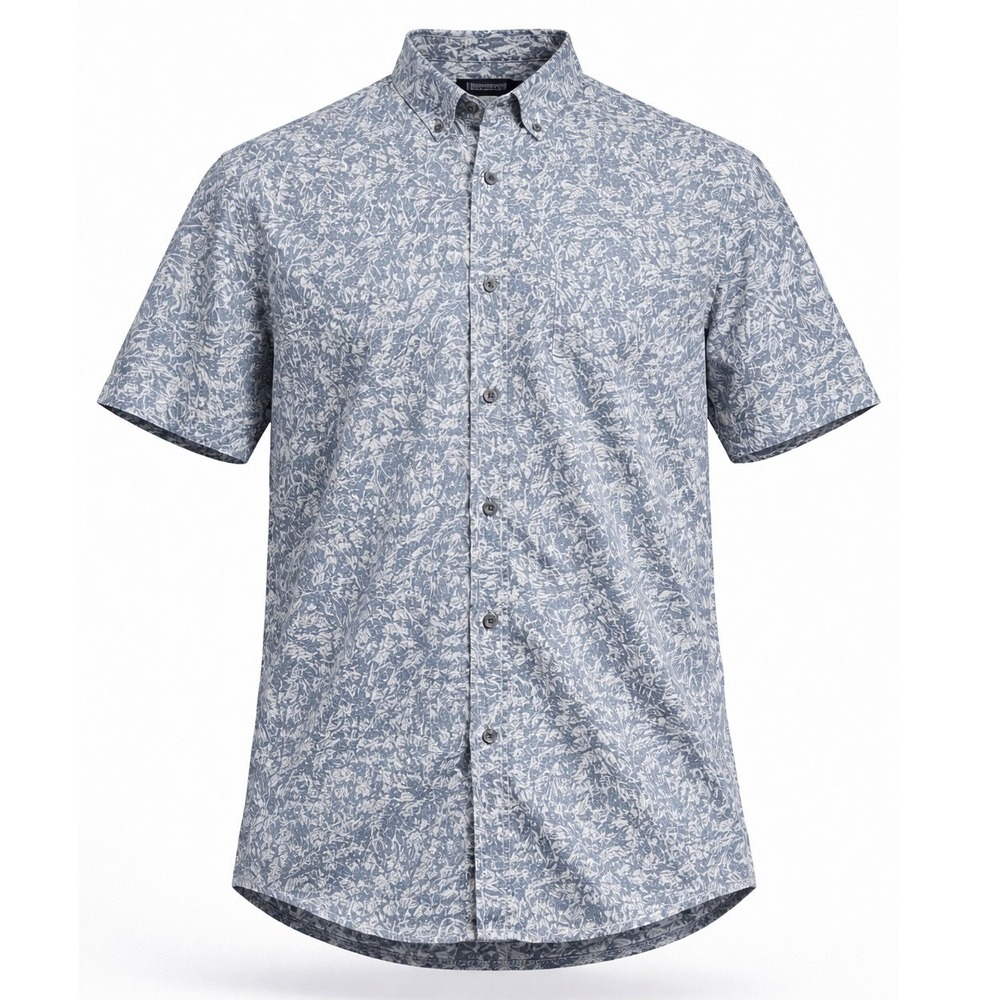 Micros Button Down Shirt Mens S Blue White Botanical Leaf Print Short Sleeve